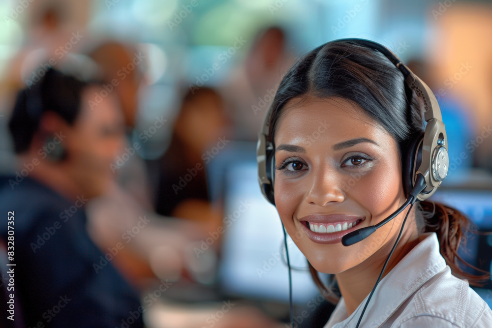 Smiling customer support woman with headset in a busy call center office, providing professional assistance to clients