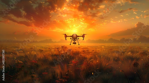 digital artwork of a drone scanning a field to analyze plant health and nutrient levels for precision farming