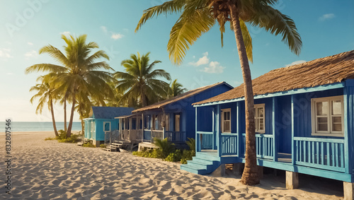 Colored wooden beach houses on a tropical shore paradise © tanya78