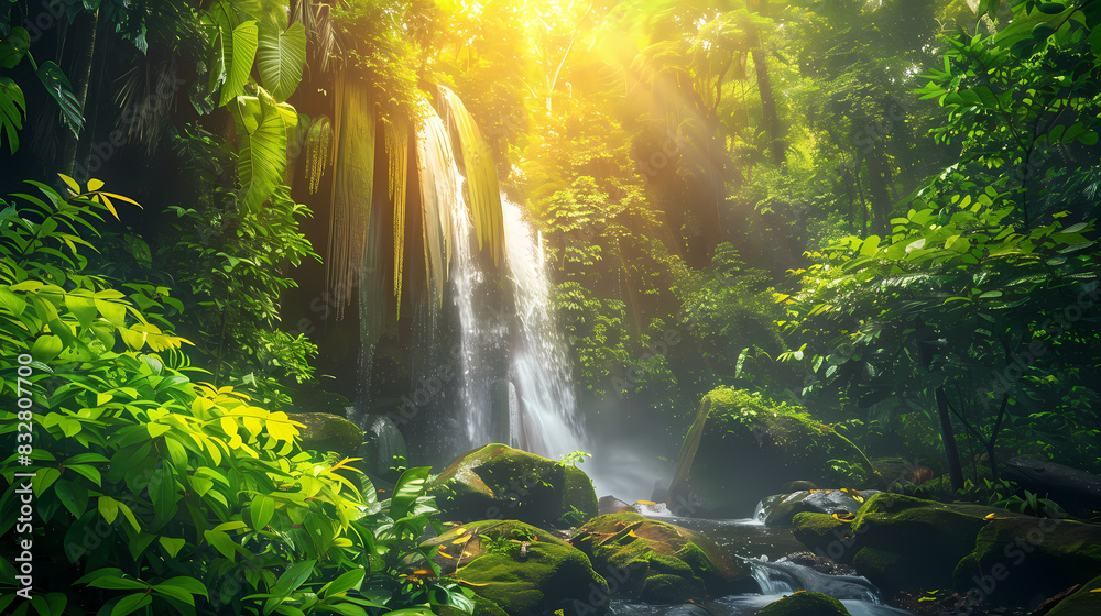A lush green forest with a waterfall in the foreground A lush green forest with a waterfall in the foreground