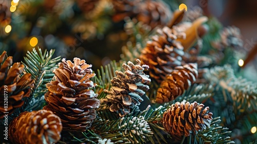 Details of christmas wreath of fresh spruce, conesâhristmas decorations, close up. new year decorations photo