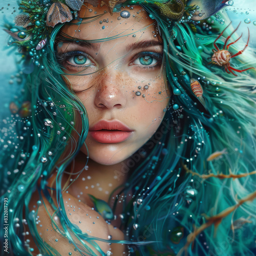 Enchanting Mermaid portrait with turquoise hair with Shells, Crabs, and Fish in Her Hair. Generative AI photo