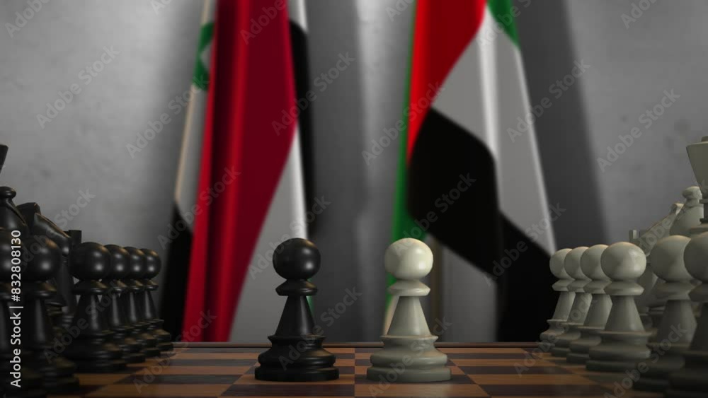 Syria and UAE National Flags with Chess Board Animation. Politics of Government or Conflict Syria and UAE National Flags with Chess Board Animation. Politics of Government or Conflict