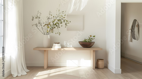 A white room with a mirror and a plant