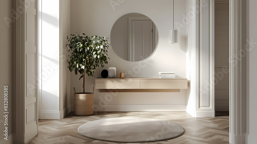 A white room with a mirror and a plant