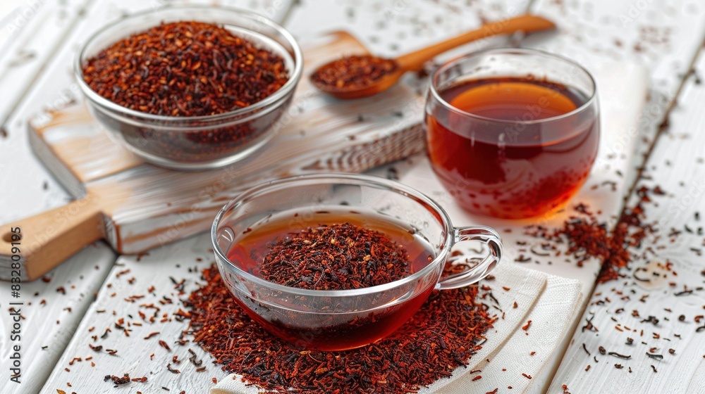   A couple of cups of tea sit on a white table, accompanied by a wooden spoon