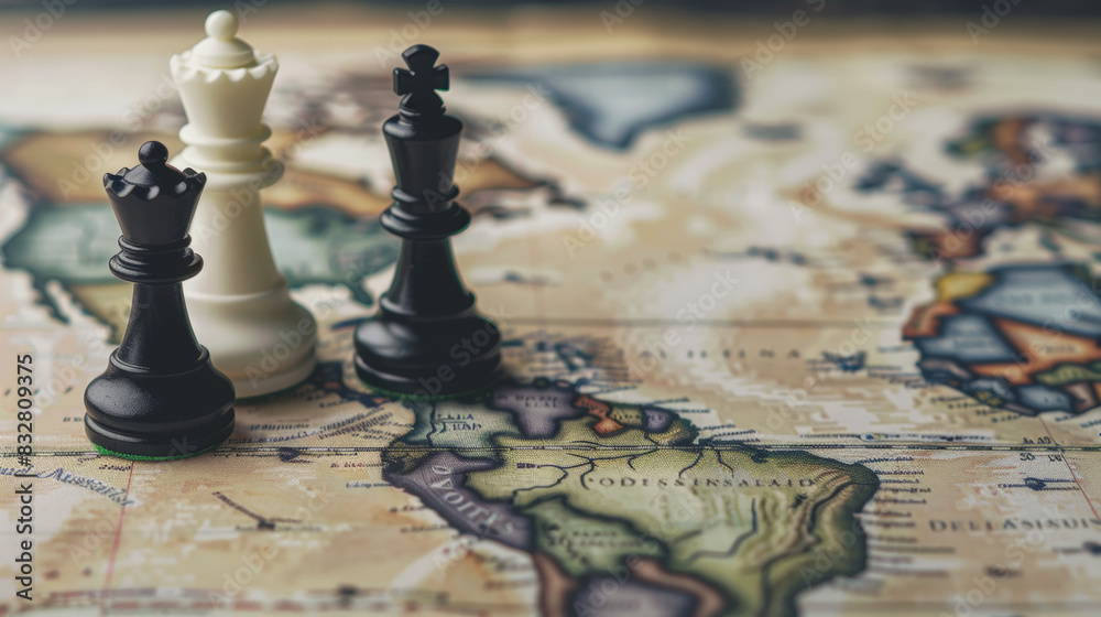 Chess pieces strategically placed on a world map symbolize international relations, political power, and global strategy concept in geopolitics Chess pieces strategically placed on a world map symbolize international relations, political power, and global strategy concept in geopolitics