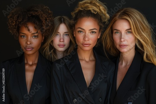 Portrait of a group of business women in black suits on a black background