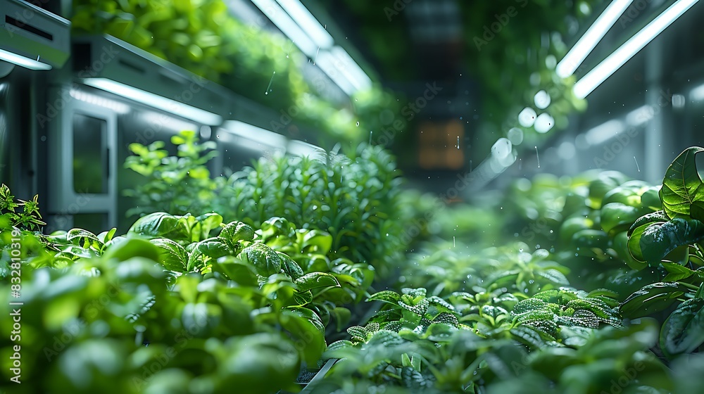 futuristic farm using AI to monitor plant health and optimize irrigation and nutrient delivery
