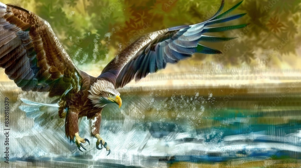 Obraz premium A majestic eagle soars above a serene lake, clutching a glistening fish in its talon Surrounding trees sway gently in the breeze