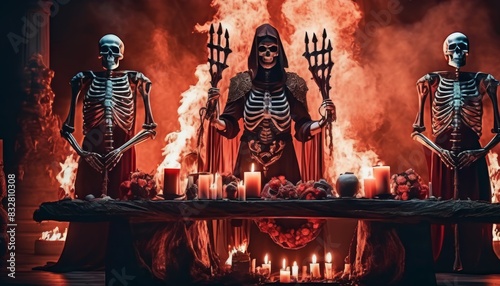 A dark ritual scene with skeletons and a hooded figure holding tridents  surrounded by candles and fire  in a gothic setting. AI Generation