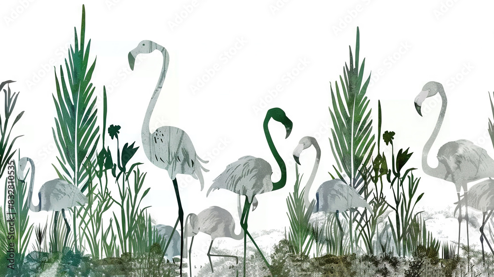 Obraz premium Flamingo group in marsh with tall grass and white sky