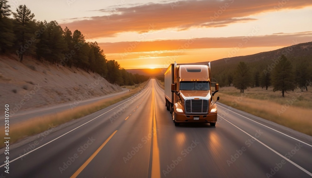 American truck driving on empty road with a view of nature at foggy sunrise, motion blur, glossy road, copy space for text, ad shot.
