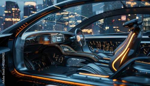 A futuristic hybrid vehicle interior with advanced technology displays, comfortable seating, and a cityscape in the background, emphasizing innovation and luxury in hybrid vehicles