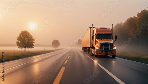 Wallpaper Mural American truck driving on empty road with a view of nature at foggy sunrise, motion blur, glossy road, copy space for text, ad shot.
 Torontodigital.ca