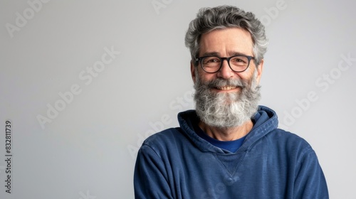 Happy mature old bearded man with dental smile, cool mid aged gray haired older senior hipster wearing blue sweatshirt standing isolated on white background looking at camera, headshot portrait.