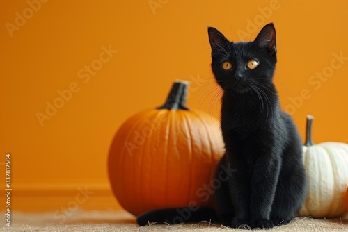 sleek halloween design featuring a white pumpkin and black cat silhouette against a vibrant orange backdrop, perfect for a halloween banner photo