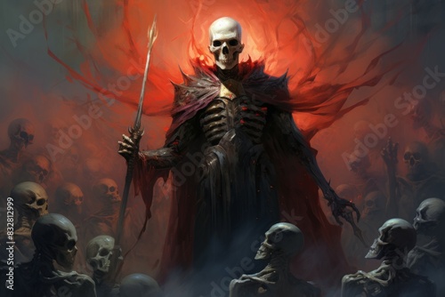 A powerful and fearsome necromancer, commanding legions of undead minions. - Generative AI