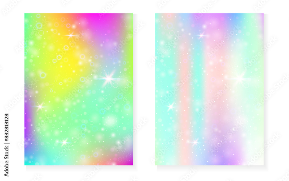 Unicorn background with kawaii magic gradient. Princess rainbow hologram. Holographic fairy set. Bright fantasy cover. Unicorn background with sparkles and stars for cute girl party invitation. Unicorn background with kawaii magic gradient. Princess rainbow hologram. Holographic fairy set. Bright fantasy cover. Unicorn background with sparkles and stars for cute girl party invitation.