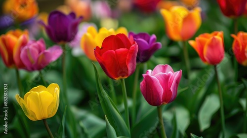 Colorful tulip flowers in a German flower garden seen up close