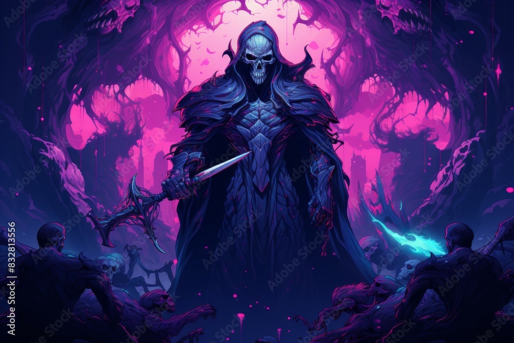 A powerful and fearsome necromancer, commanding legions of undead minions. - Generative AI A powerful and fearsome necromancer, commanding legions of undead minions. - Generative AI