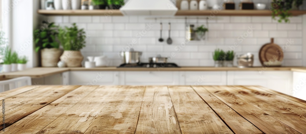 Beautiful natural wooden table with kitchen background. Beautiful natural wooden table with kitchen background.