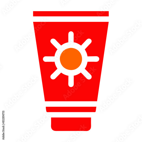 A red sunscreen tube with a sun design. photo