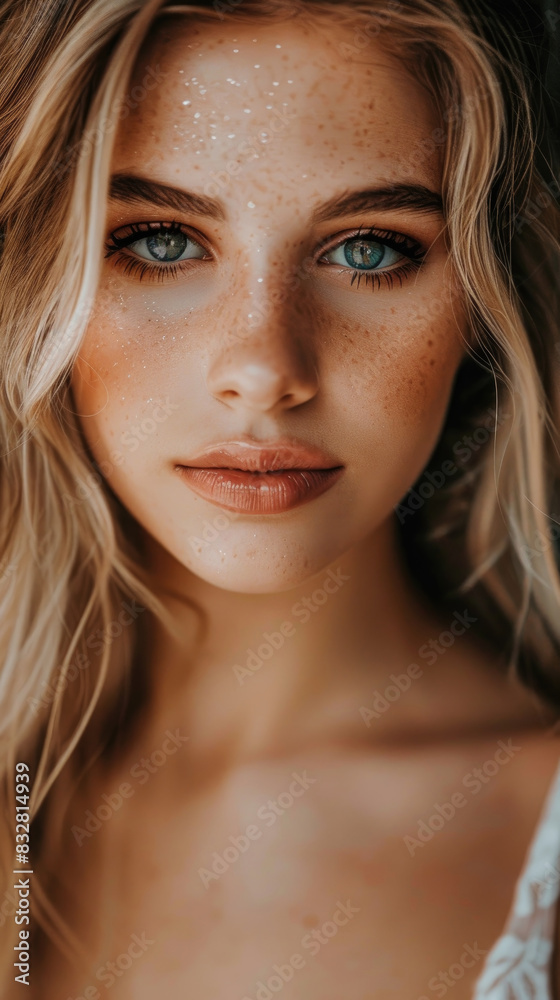 Obraz premium A detailed view of a womans face showing prominent freckles scattered across her skin