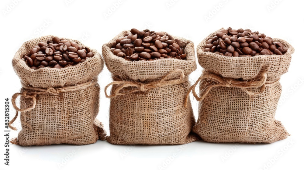 Roasted coffee beans in burlap sacks, isolated on white background