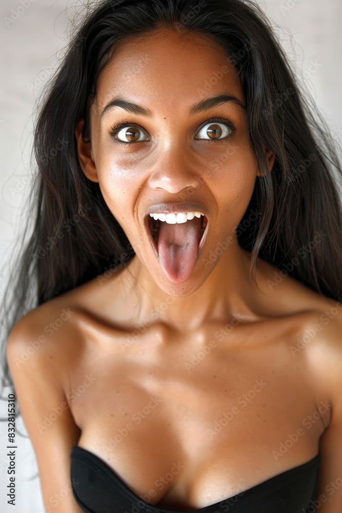 A woman is pulling a comical face by opening her mouth wide, showcasing a humorous expression A woman is pulling a comical face by opening her mouth wide, showcasing a humorous expression