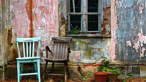  Two chairs sit next to each other in front of a building with peeling paint on its walls and a window