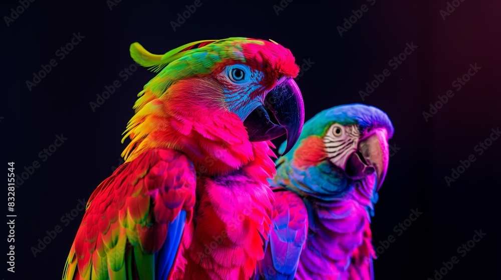 Close-up of two macaw parrots with colorful plumage illuminated by dynamic, vibrant lighting against a dark background.