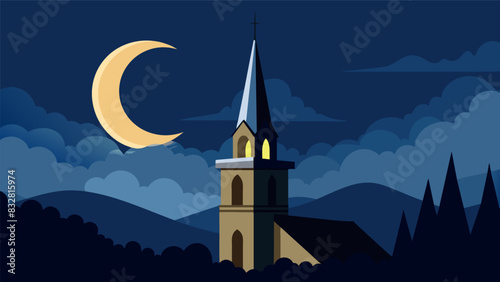 The sliver of a crescent moon still visible above the church steeple at dawn.. Vector illustration