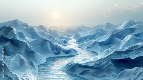 Paper sculpture of a winding river flowing across a blank landscape, symbolizing the twists and turns of life's journey. paper style. photo