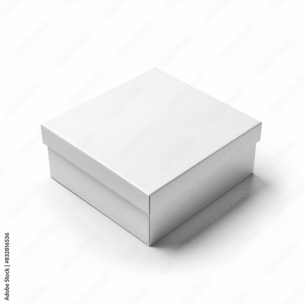 A realistic mockup of a blank packaging box on a clean white background, with shadows and highlights