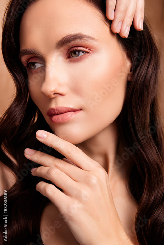 Close up photo of brunette hair woman touch soft facial skin isolated wood wooden background