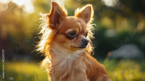 Chihuahua with long hair in the backyard