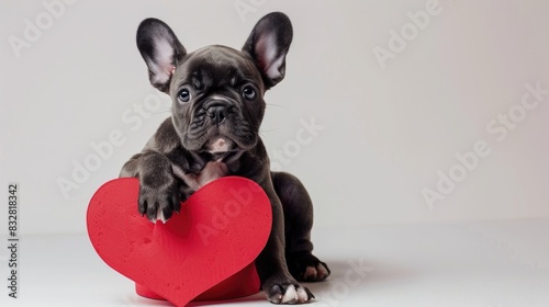 Adorable French bulldog puppy with heart shaped box on white backdrop Valentine s Day present photo