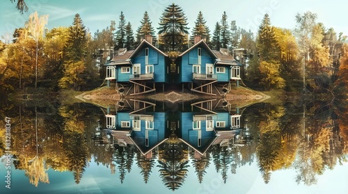   A serene blue house nestled amidst the lush forest  reflecting on the placid lake nearby