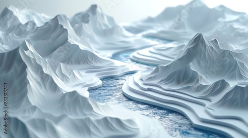 Paper sculpture of a winding river flowing across a blank landscape, symbolizing the twists and turns of life's journey. paper style. photo