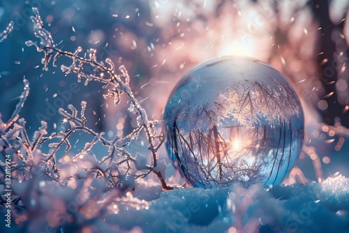 crystal ball reflecting snowy winter wonderland magical fortune telling and divination dreamy fantasy landscape surreal digital art photo