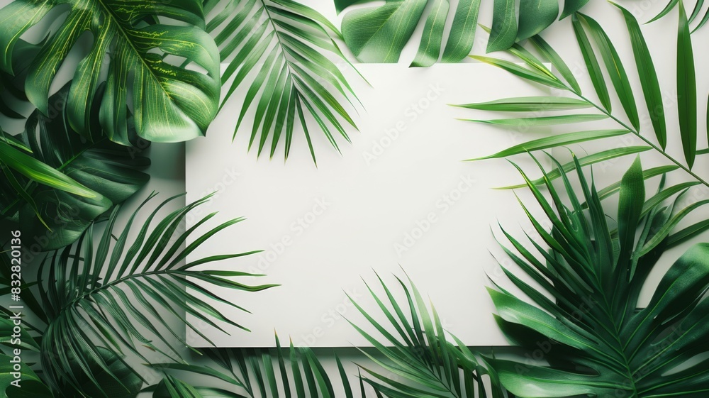 Tropic palm leaf banner, green jungle plants and exotic flowers. Nature frame with banana and monstera foliage, forest coconut palm. Mockup with detailed photography elements. Poster design Tropic palm leaf banner, green jungle plants and exotic flowers. Nature frame with banana and monstera foliage, forest coconut palm. Mockup with detailed photography elements. Poster design