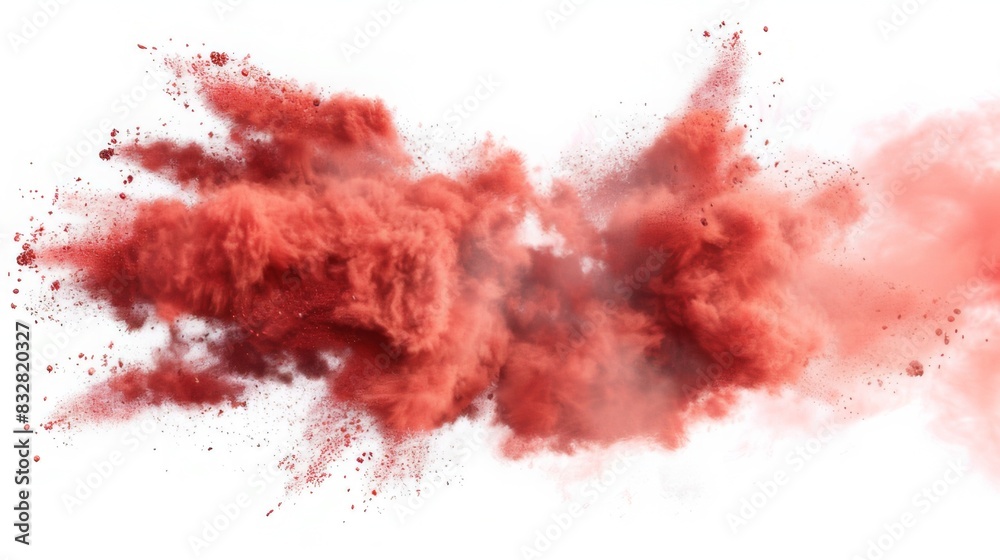 Dry Soil explosion with dirt and cloud smoke. Isolated on white background.Red  Dirty ground abstract spread with flying particles