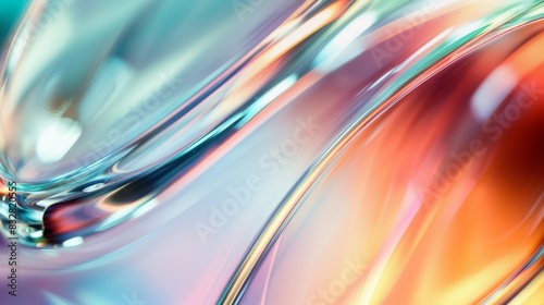 Macro glass 3d Y2K render abstract background. Transparent glassmorphism modern texture. Holographic curved wave in motion. Gradient design element. photo