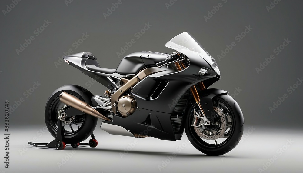 Fototapeta premium black racing Superbike, headlights on, side view, isolated grey background, 