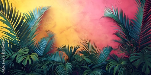 Vibrant tropical sunset with palm trees.