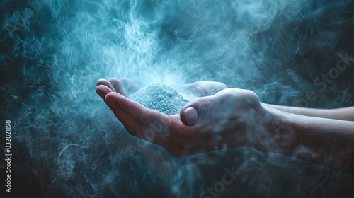 Praying hands with faith in religion and belief in God on blessing background. Power of hope or love and devotion. Magic powder floating on the magician hand