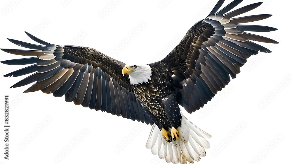 Naklejka premium A bald eagle soars through the sky with its wings outstretched.