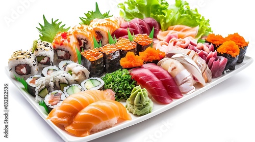 A variety of sushi and sashimi on a white plate.