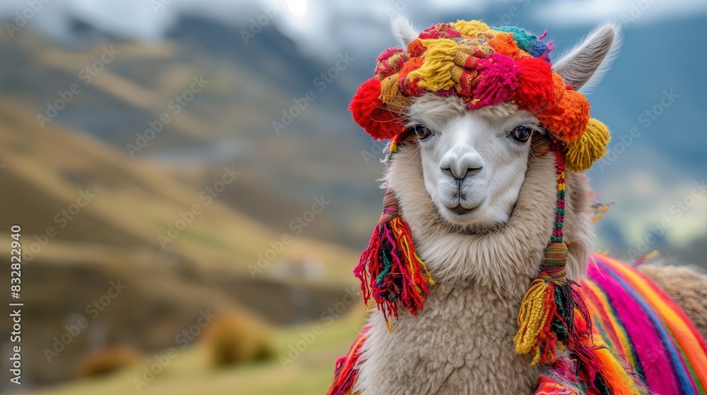Llama wearing traditional clothes in the mountains.